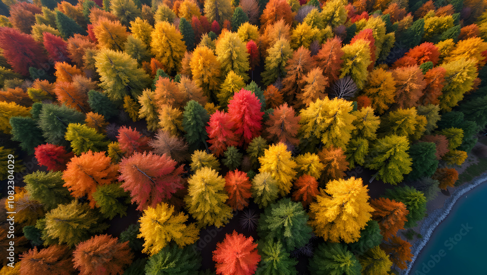 Aerial view of vibrant autumn trees showcasing a stunning mosaic of red, orange, and gold foliage surrounding a tranquil blue lake Aerial view of vibrant autumn trees showcasing a stunning mosaic of red, orange, and gold foliage surrounding a tranquil blue lake