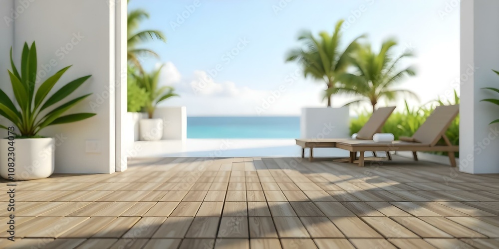 Fototapeta premium Wooden deck overlooking a calm ocean with palm trees and potted plants in the background