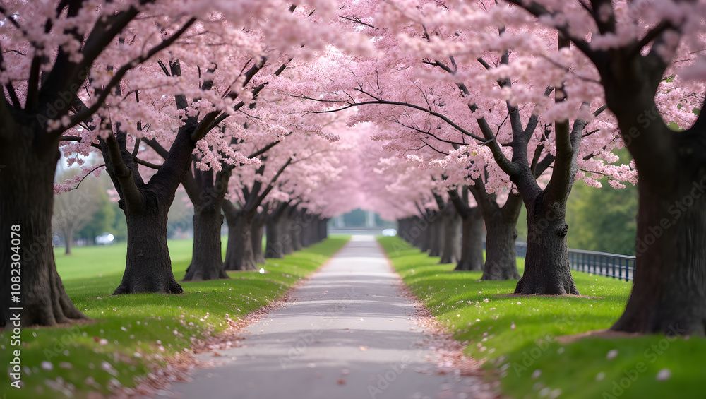 Obraz premium A beautiful pathway lined with cherry blossom trees creates a serene and picturesque scene, inviting peaceful strolls during springtime