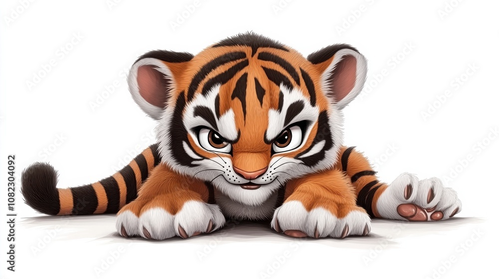 Fototapeta premium Playful cartoon tiger cub studio setting illustration art bright white background close-up view adorable character design