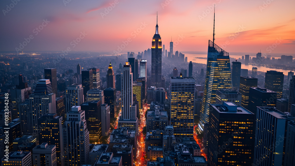 Obraz premium A stunning aerial view of a vibrant city skyline at dusk showcasing iconic skyscrapers illuminated against a colorful sky and a bustling urban landscape