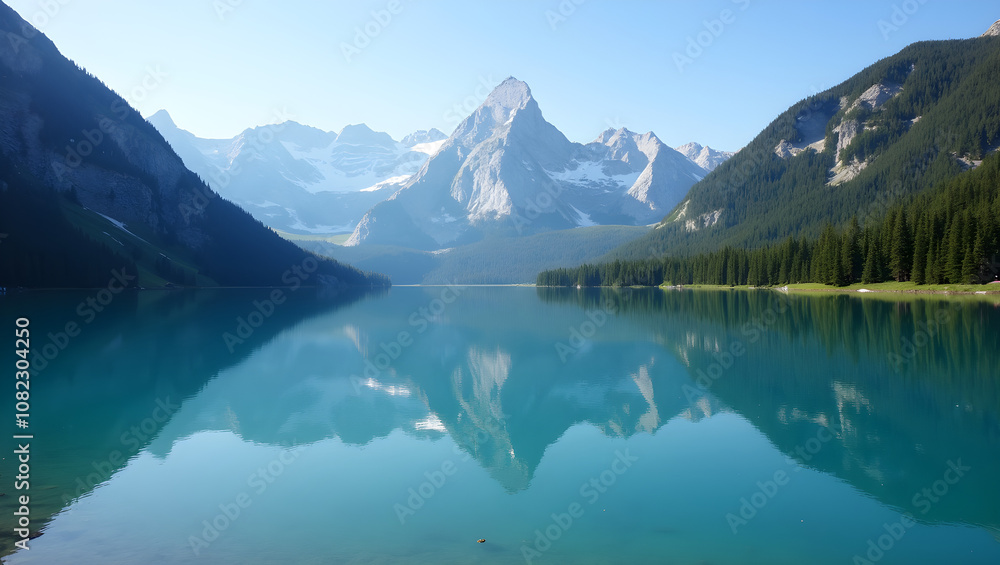 A serene lake reflects majestic mountains under a clear blue sky surrounded by lush forests creating a tranquil and picturesque landscape A serene lake reflects majestic mountains under a clear blue sky surrounded by lush forests creating a tranquil and picturesque landscape