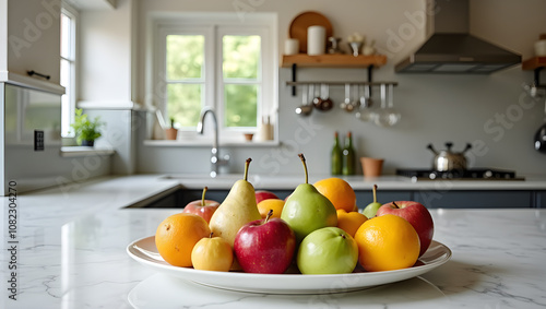 A vibrant assortment of fresh fruits displayed on a white plate in a modern kitchen, showcasing colors and textures against a stylish interior backdrop