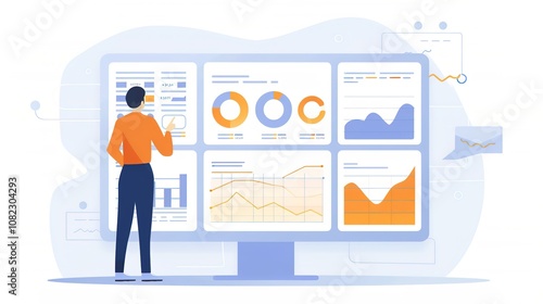 Digital Marketer Analyzing SEO Data on Screen with PPC Campaign Stats in Background - Showcasing Integrated Digital Marketing and E-commerce Online Sale Strategy