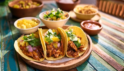 A Lifestyle-Inspired Spread of Freshly Made Tacos Al Pastor with Grilled Pork, Pineapple, and Cilantro, Set on a Vibrant Mexican Street Food Stall Display