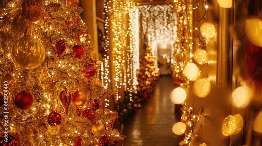 A festive room filled with gold and red Christmas decorations, including a tree, garlands, and glowing lights A festive room filled with gold and red Christmas decorations, including a tree, garlands, and glowing lights