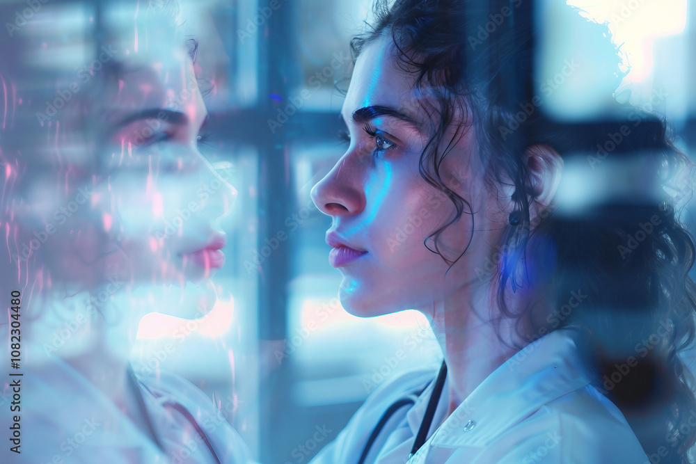 A double exposure image of a worker in laboratory generative AI A double exposure image of a worker in laboratory generative AI