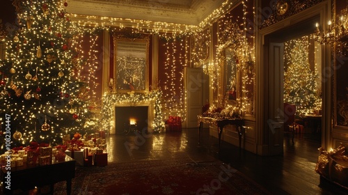 Wallpaper Mural A festive room filled with gold and red Christmas decorations, including a tree, garlands, and glowing lights Torontodigital.ca