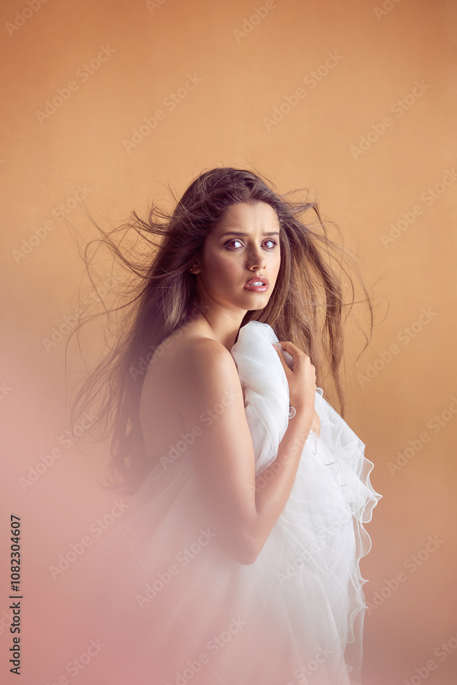 Fototapeta premium Ballet, fashion and portrait of girl with fabric, textile and confidence in contemporary art aesthetic. Design, ballerina and woman with silk, glamour and creative style isolated on studio background