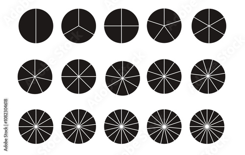 Circular chart, pie or pizza slice icon. Wheel division into fractions, shape sectors. Vector black illustrations