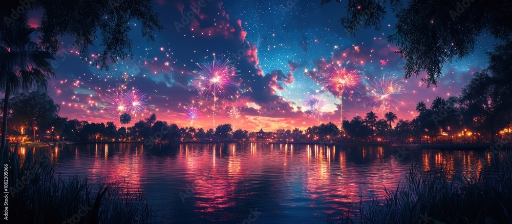 Naklejka premium A serene lake scene with colorful fireworks exploding in the sky over the water and trees reflecting in the water.