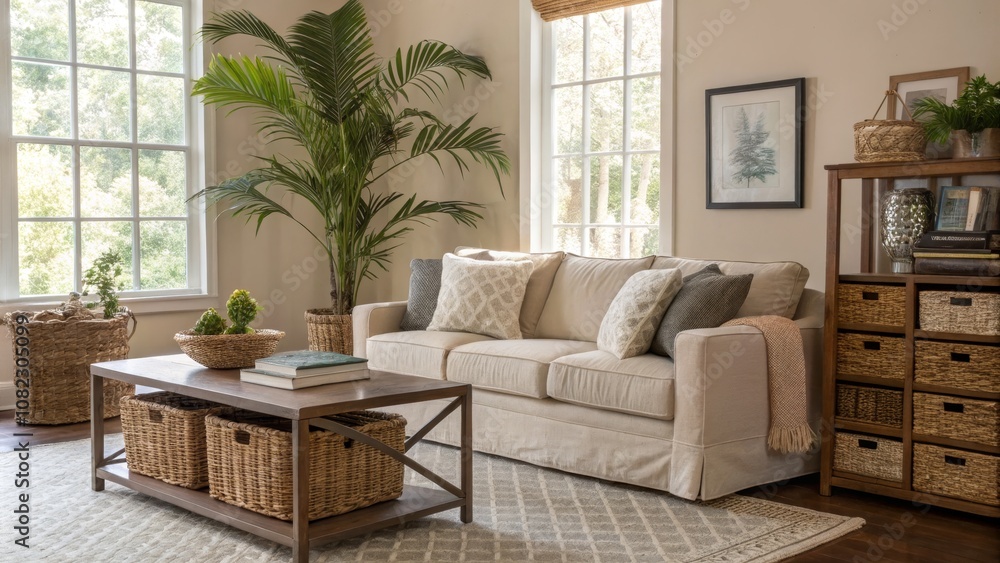 Cozy Living Room Interior with Beige Sofa, Palm Tree, and Wicker Baskets - Ideal for Modern Home Decor and Relaxing Spaces Cozy Living Room Interior with Beige Sofa, Palm Tree, and Wicker Baskets - Ideal for Modern Home Decor and Relaxing Spaces