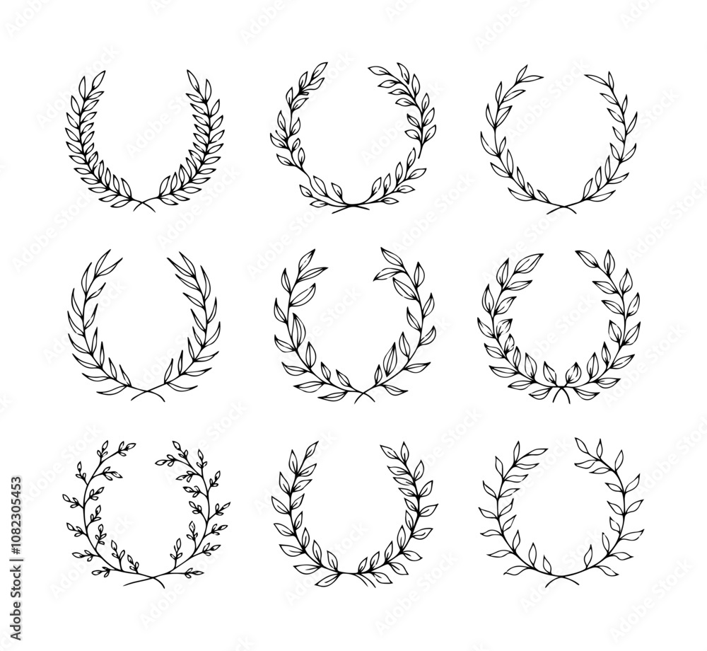 Fototapeta premium Silhouette Laurel Wreath Vector Set – Minimalist Black and White Decorative Elements for Logos, Awards, Branding, Certificates, Invitations, and Typography Design