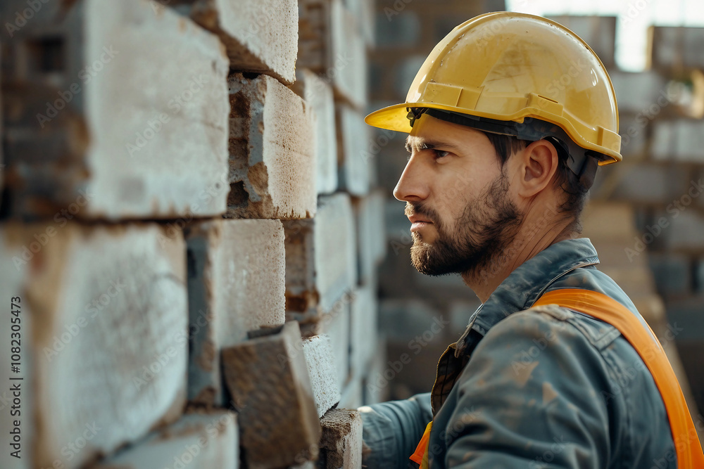 Picture of a skilled bricklayer putting building blocks at a construction generative ai Picture of a skilled bricklayer putting building blocks at a construction generative ai