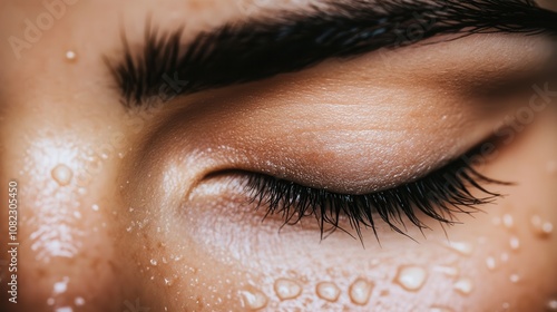 Closeup of a woman's face with water droplets studio beauty shot clean environment intimate viewpoint hydration concept