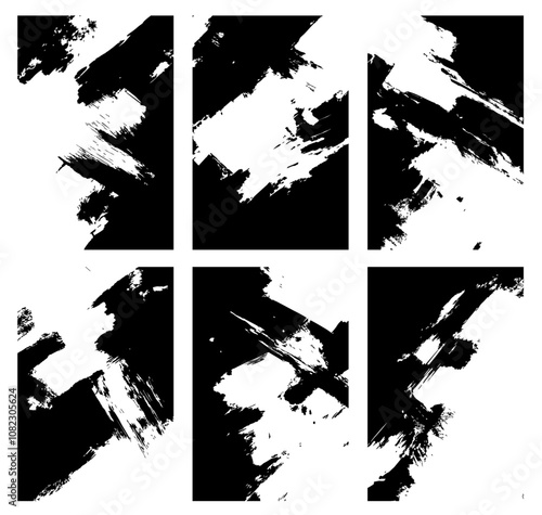 Set of 6 black-and-white overlay grunge textured brush stroke effects. Place over any image to create a rough poster effect