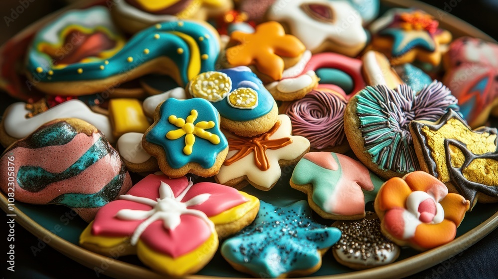 A plate of festive New Year's cookies, beautifully decorated with vibrant icing, capturing the warmth and joy of holiday baking in vivid detail. A plate of festive New Year's cookies, beautifully decorated with vibrant icing, capturing the warmth and joy of holiday baking in vivid detail.