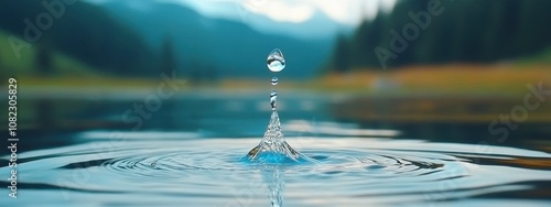 Stunning Close-up of Water Droplet Falling into Calm Lake Creating Ripples Surrounded by Lush Green Landscape and Majestic Mountains in the Background