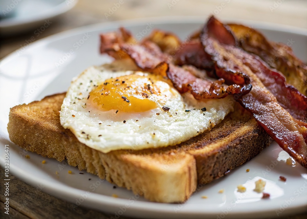 Delicious Tilt-Shift Photography of Fried Egg on Toast and Bacon, Perfect Breakfast on a White Plate, Mouthwatering Close-Up of Breakfast Foods Delicious Tilt-Shift Photography of Fried Egg on Toast and Bacon, Perfect Breakfast on a White Plate, Mouthwatering Close-Up of Breakfast Foods
