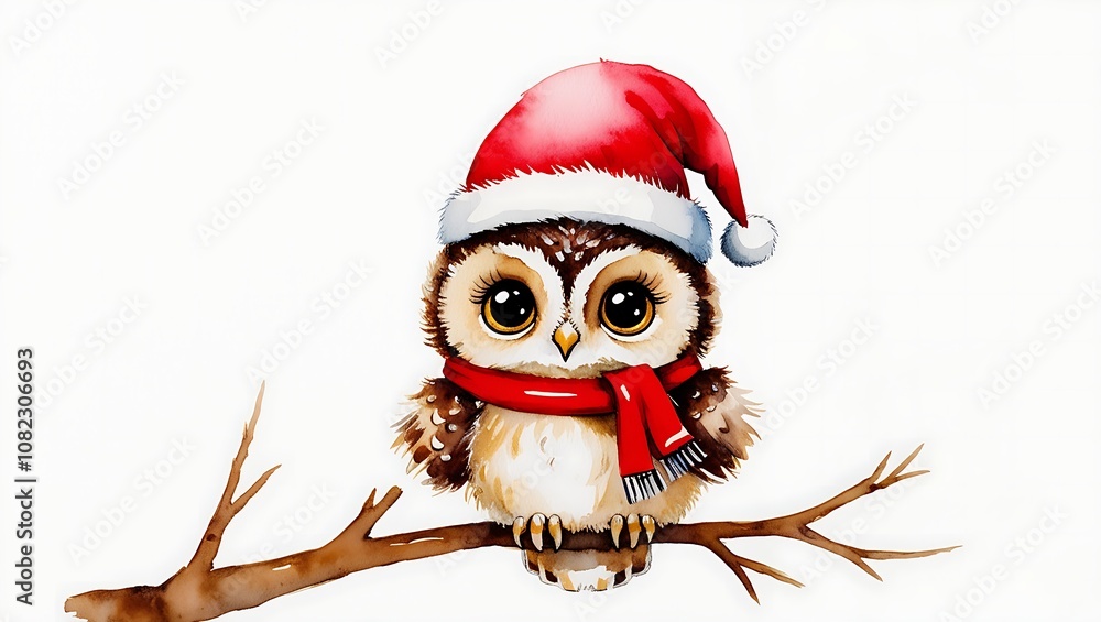 Festive Owl with Santa Hat and Scarf Perched on Branch Festive Owl with Santa Hat and Scarf Perched on Branch