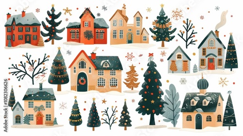 Christmas watercolor clipart collection festive homes and trees cozy winter scene artistic illustration holiday spirit photo