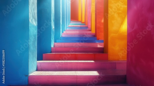 Brightly colored stairs lead up to a bright blue wall