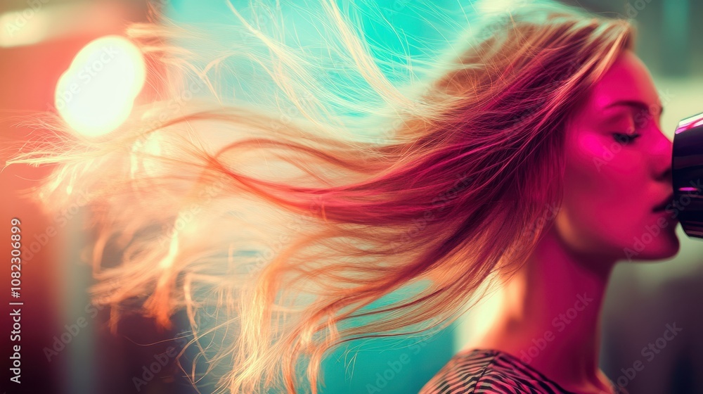 A woman blow-drying her hair, vivid tones capturing the flow of her hair and the soft light reflecting off the strands in a bright, modern setting. A woman blow-drying her hair, vivid tones capturing the flow of her hair and the soft light reflecting off the strands in a bright, modern setting.