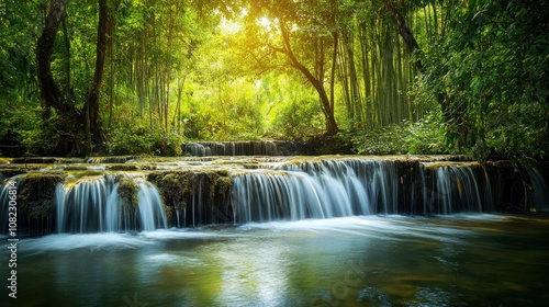 A tranquil bamboo grove with a cascading waterfall in the background, vibrant colors capturing the beauty of the landscape and peaceful environment.