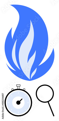 Blue flame feature stopwatch magnifying glass below. Ideal for concepts of urgency, investigation, analysis, speed, heat, focus, examination. Line metaphor