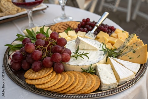 Elegant Cheese Platter with Grapes and Crackers on Serving Tray - Perfect for Entertaining, Gourmet Snacks, Wine Pairing, Charcuterie Board Ideas, and Festive Gatherings