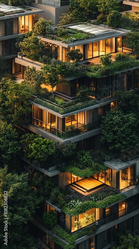 Residential buildings with rooftop greenhouses and public gardening areas