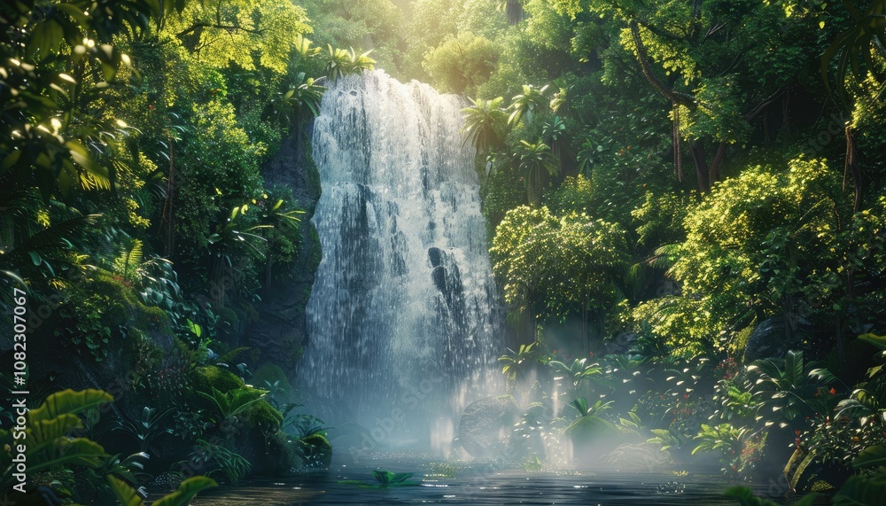 Lush Tropical Waterfall Cascading Into a Pool Surrounded by Verdant Foliage Lush Tropical Waterfall Cascading Into a Pool Surrounded by Verdant Foliage