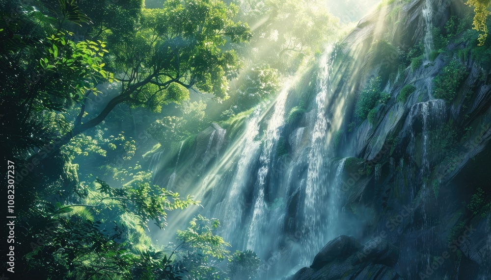 Sunbeams Illuminating a Lush Waterfall in a Verdant Forest Sunbeams Illuminating a Lush Waterfall in a Verdant Forest