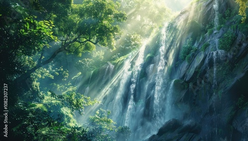 Sunbeams Illuminating a Lush Waterfall in a Verdant Forest