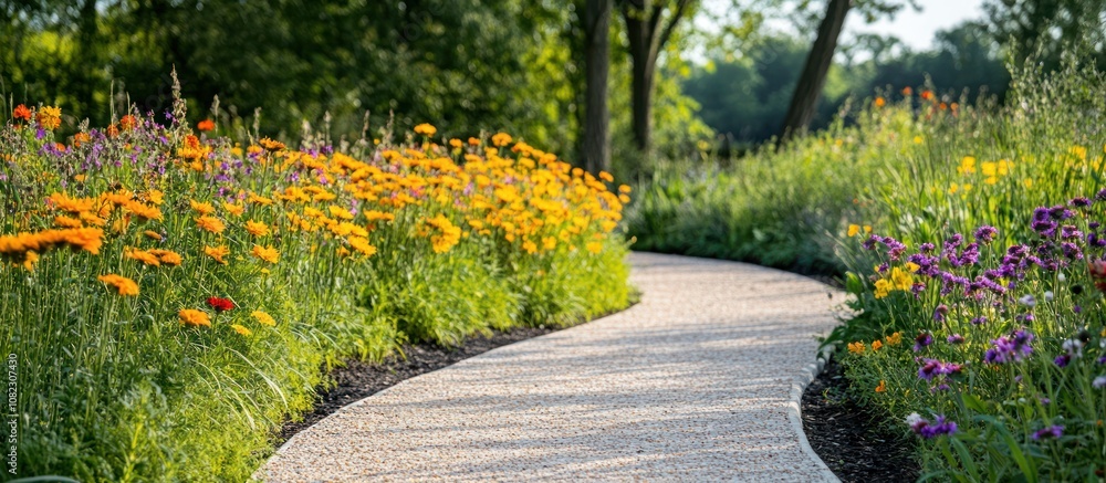 Obraz premium Winding pathway lined with vibrant yellow and purple flowers in a lush green garden.