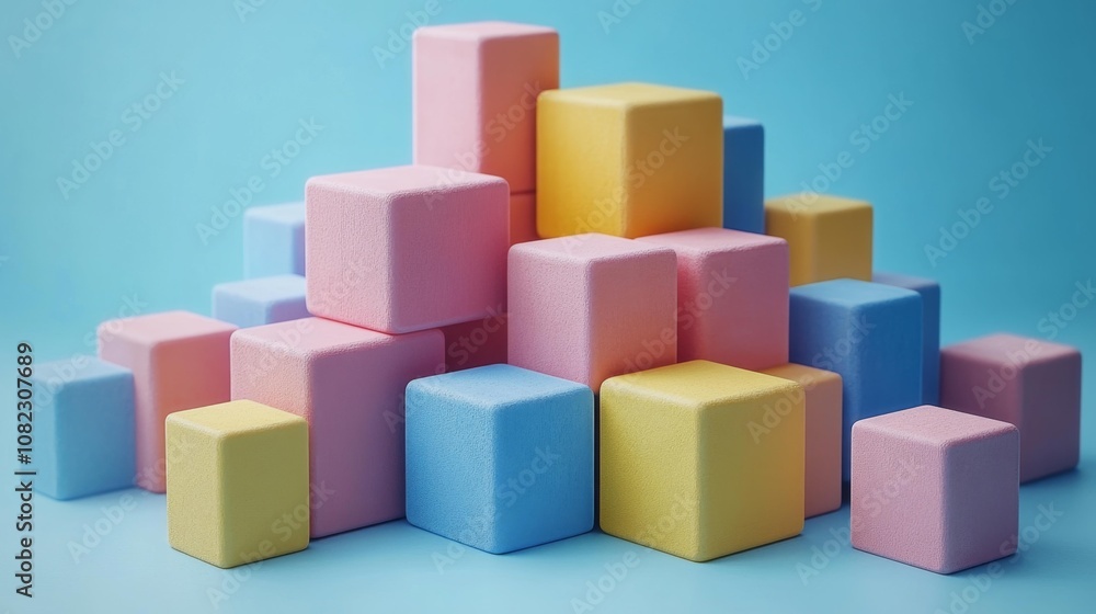 Colorful pastel blocks stacked on a blue background. Generative AI Colorful pastel blocks stacked on a blue background. Generative AI
