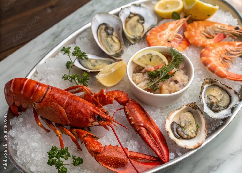 Elegant Seafood Platter Close-Up with Lobster, Oysters, and Prawns on Crushed Ice - Perfect for Gourmet Dining and Culinary Photography Elegant Seafood Platter Close-Up with Lobster, Oysters, and Prawns on Crushed Ice - Perfect for Gourmet Dining and Culinary Photography