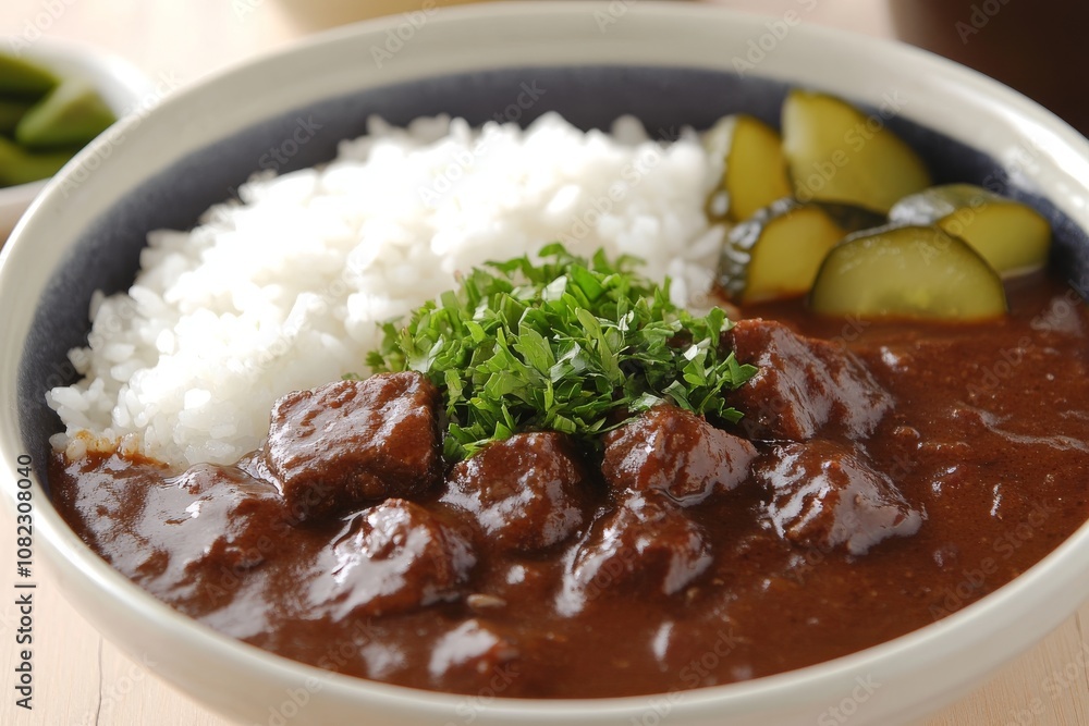 Delicious Japanese Curry Rice with Beef, Pickles, and Green Tea - Overhead View Delicious Japanese Curry Rice with Beef, Pickles, and Green Tea - Overhead View