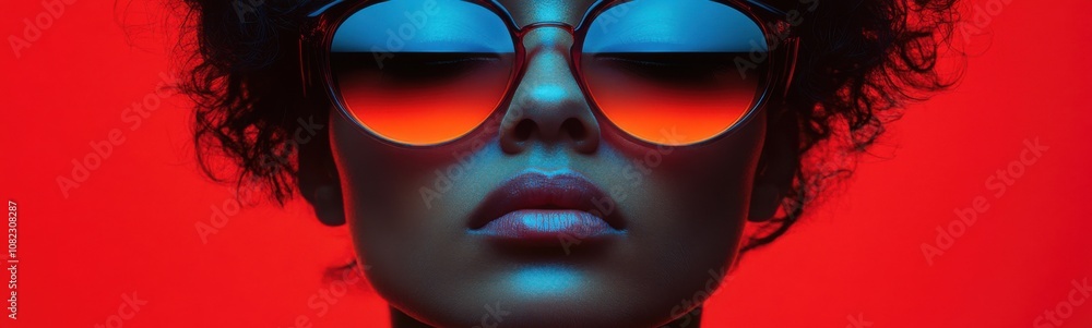 Woman with sunglasses on her face and a red background, portrait, banner Woman with sunglasses on her face and a red background, portrait, banner
