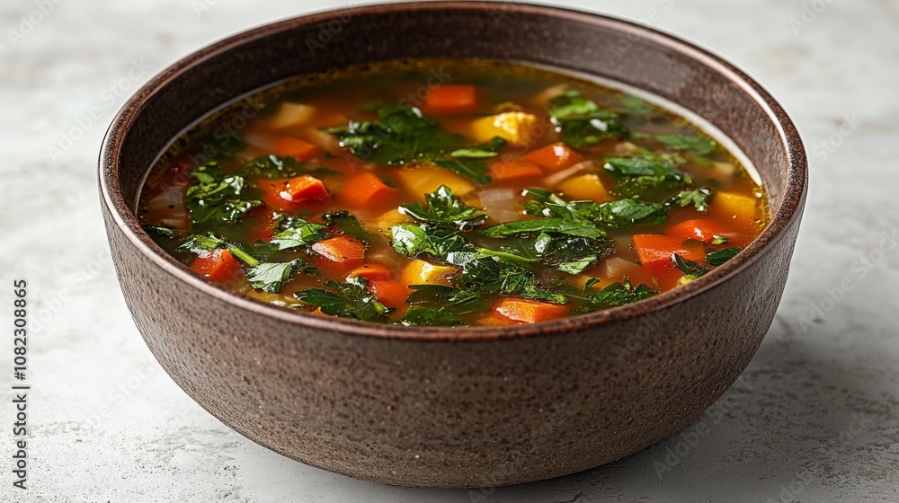 Italian Wedding Soup in Rustic Bowl Top View. Generative AI Italian Wedding Soup in Rustic Bowl Top View. Generative AI