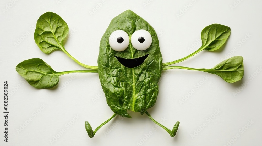 Joyful spinach character kitchen table food art bright environment front view whimsical concept