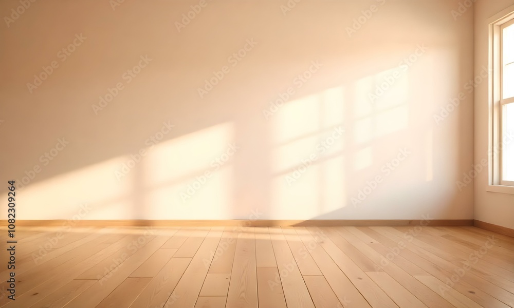 Empty room with wooden floor and warm lighting from windows Empty room with wooden floor and warm lighting from windows