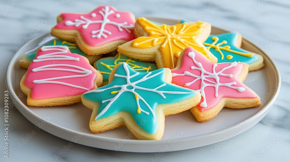 A plate of festive New Year's cookies, beautifully decorated with vibrant icing, capturing the warmth and joy of holiday baking in vivid detail. A plate of festive New Year's cookies, beautifully decorated with vibrant icing, capturing the warmth and joy of holiday baking in vivid detail.