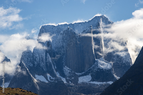 View of Ulamertorsuaq mountain and the view of surrounding mountains and glaciers in Tasermiut fjord (South Greenland)