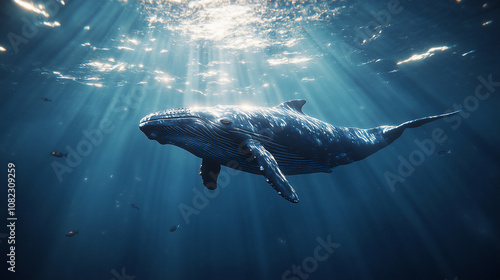 Highly detailed image of a Bryde’s Whale (Balaenoptera edeni), an endangered marine species, swimming gracefully in the open ocean.  photo