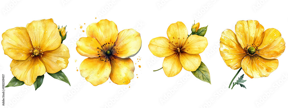 A vibrant collection of yellow flowers, showcasing delicate petals and lush green leaves, perfect for enhancing any design. A vibrant collection of yellow flowers, showcasing delicate petals and lush green leaves, perfect for enhancing any design.
