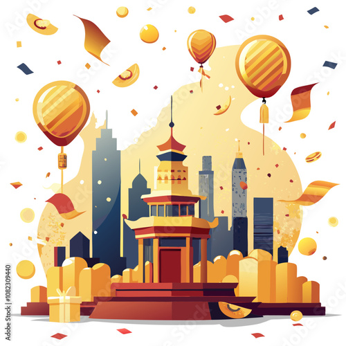 Golden Celebration in the City: Festive illustration of a Chinese-style pavilion amidst a modern cityscape, adorned with golden balloons, confetti, and gifts, symbolizing prosperity and celebration. 