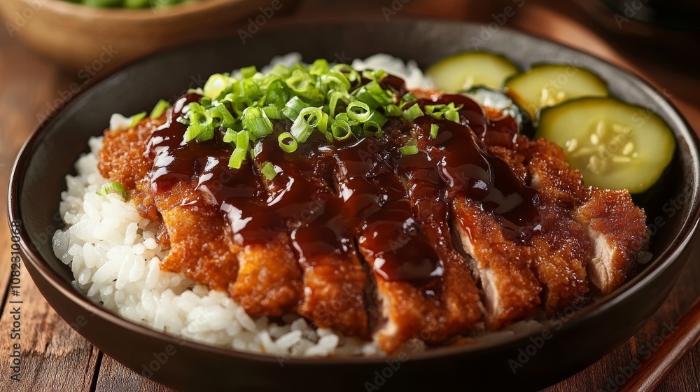 Delicious Japanese Curry Rice Plate with Katsu, Spring Onions, and Pickles on Rustic Wood Table in Warm Setting Delicious Japanese Curry Rice Plate with Katsu, Spring Onions, and Pickles on Rustic Wood Table in Warm Setting