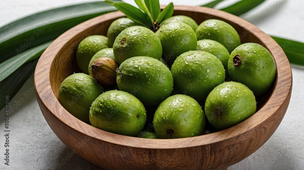 Chebulic Myrobalans, Myrolan Wood (Terminalia chebula) Fresh Glossy Fruits with Water Droplets in Wooden Bowl - Ayurvedic Healing Superfood Chebulic Myrobalans, Myrolan Wood (Terminalia chebula) Fresh Glossy Fruits with Water Droplets in Wooden Bowl - Ayurvedic Healing Superfood