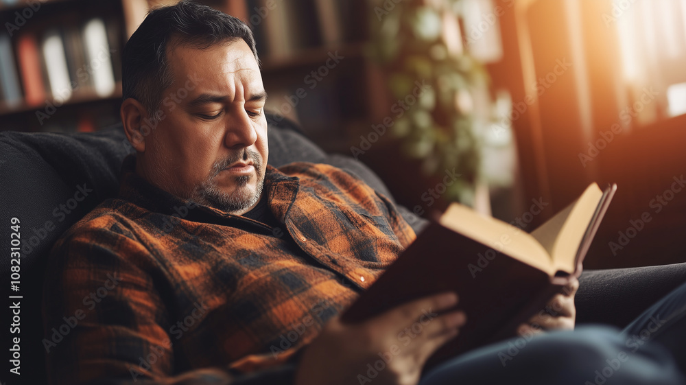 Hispanic overweight middle aged man sitting in the sofa, reading a book. Plus size hispanic man reading, sitting on couch, wellness at home theme. Diversity, body inclusive theme. Hispanic overweight middle aged man sitting in the sofa, reading a book. Plus size hispanic man reading, sitting on couch, wellness at home theme. Diversity, body inclusive theme.